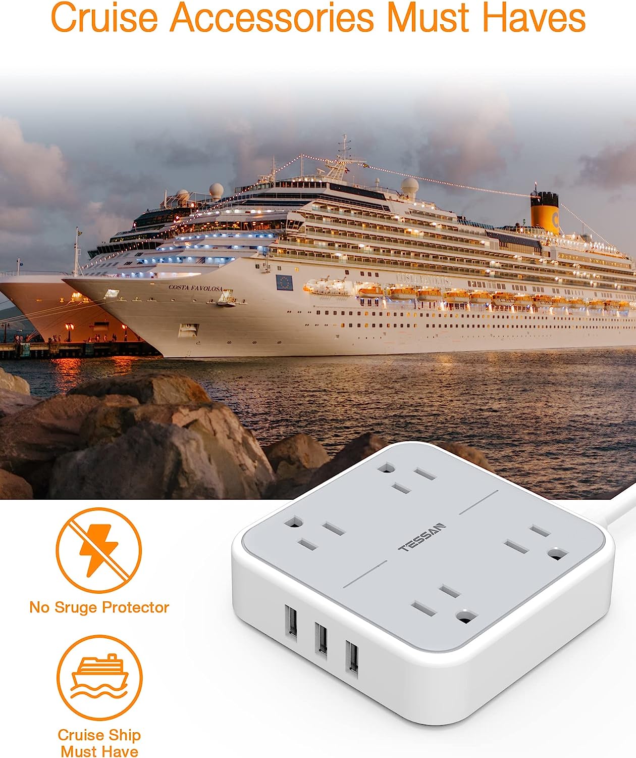 Power Strip Cruise Compliant with 4 Plugs, 3 USB Ports - 5ft.